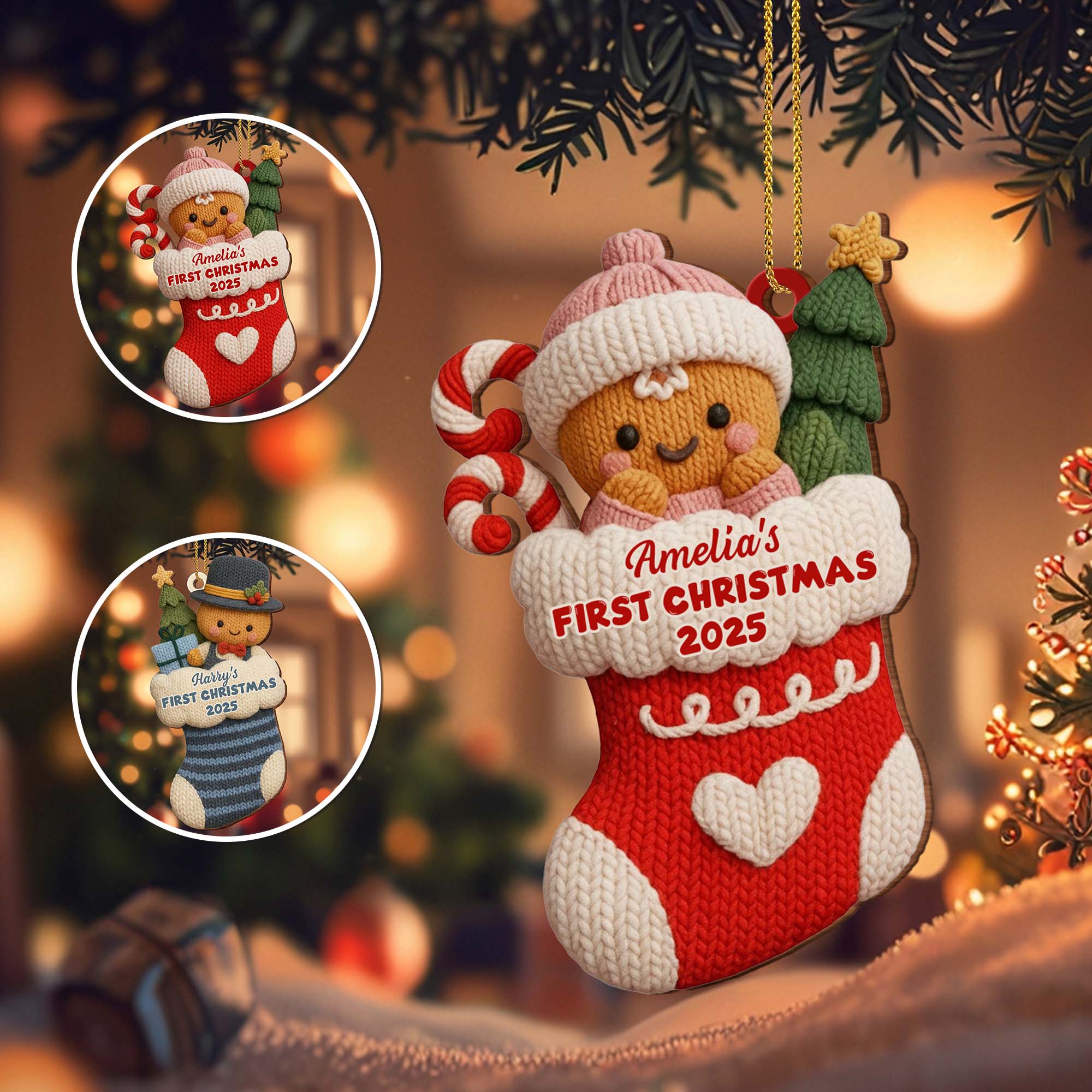 First Christmas Stocking With Gingerbread And Candy Cane - Personalized Wooden Ornament