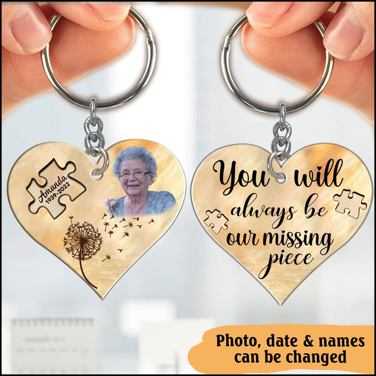 Memorial Upload Photo Puzzle, You Will Always Be Our Missing Piece Personalized Wooden Keychain