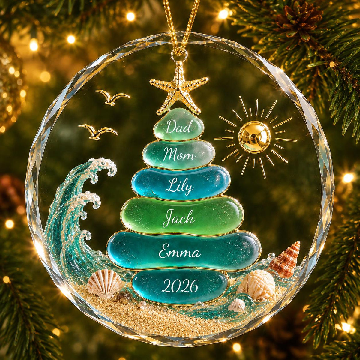 Personalized Sea Glass Christmas Tree 2026 Ornament, Coastal Ornament