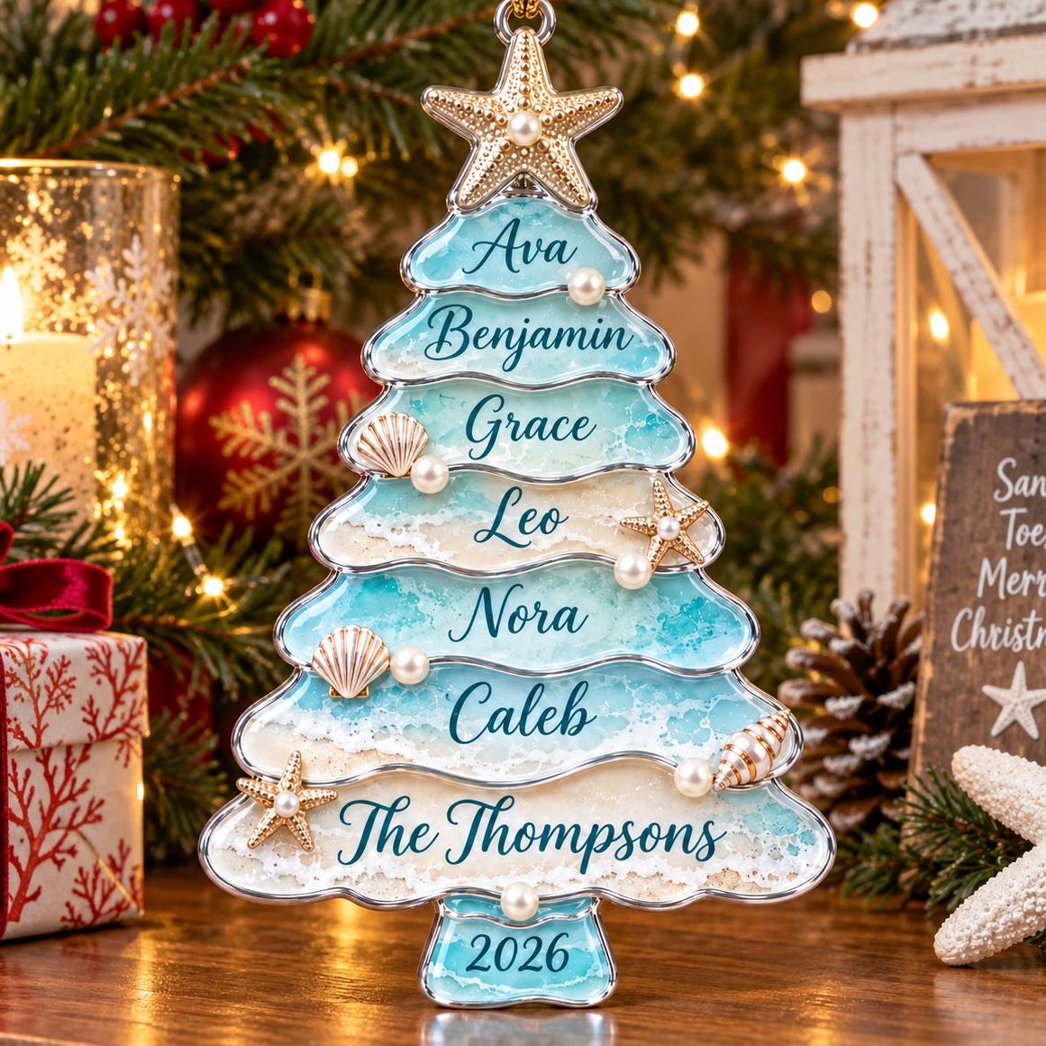 Personalized Coastal Christmas Ornament, Custom Ocean Beach Family Christmas Tree Ornament 2026