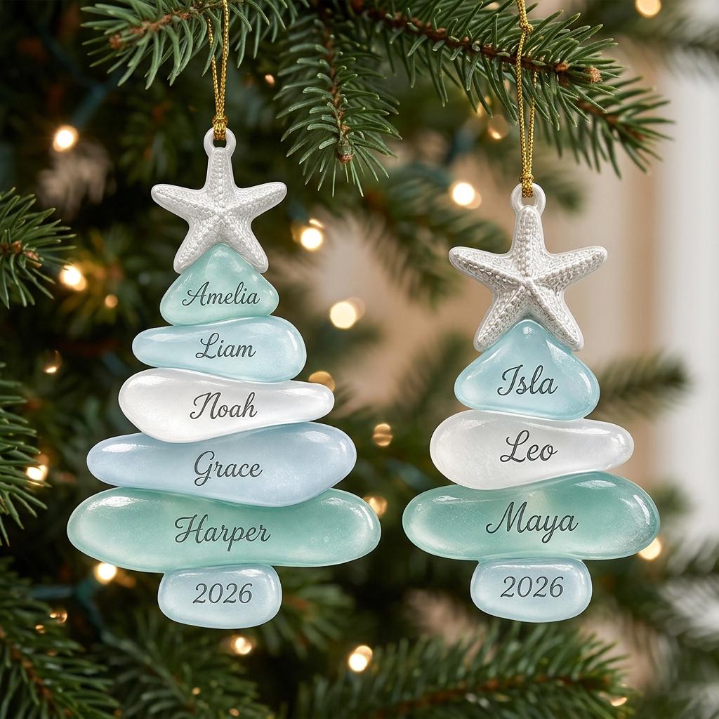 Custom Sea Glass Tree Ornament, Coastal Family Christmas Keepsake