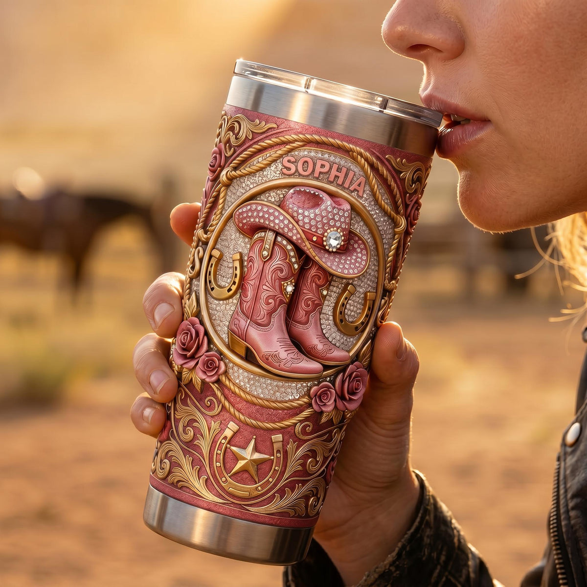 Personalized Cowgirl Tumbler, Pink Boots Cowboy Hat Tumbler