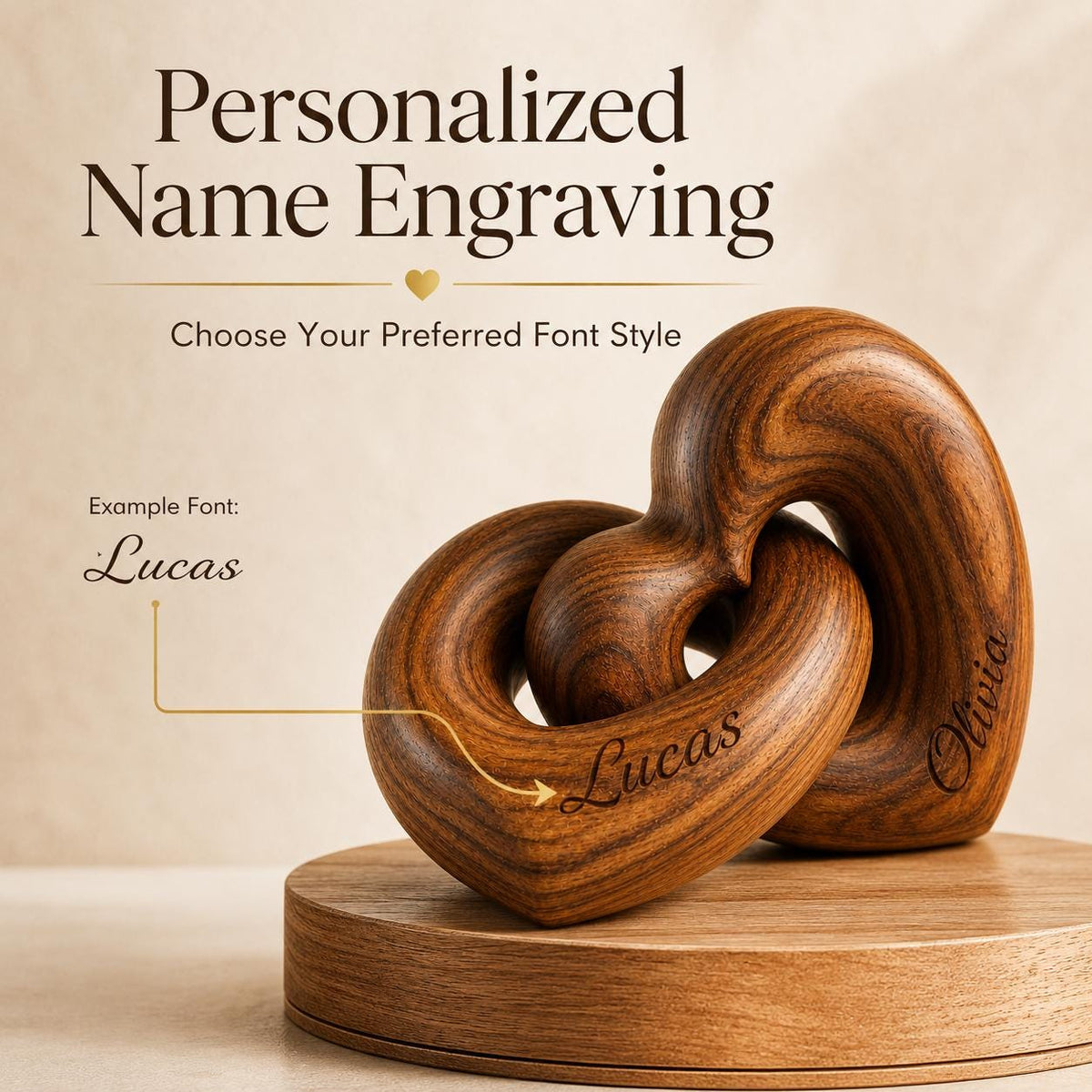 Personalized Wooden Heart Sculpture – Custom Couple Anniversary Gift – Interlocking Love Decor