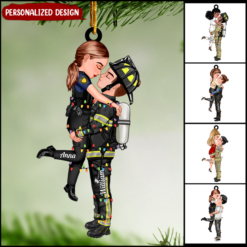 Personalized Couple Portrait, Firefighter, Nurse, Police Officer, Teacher, Gifts by Occupation Christmas Tree Acrylic Ornament