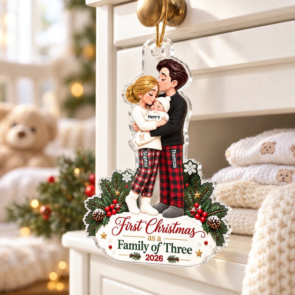 Our First Christmas As Family Of Three - Personalized Acrylic Ornament