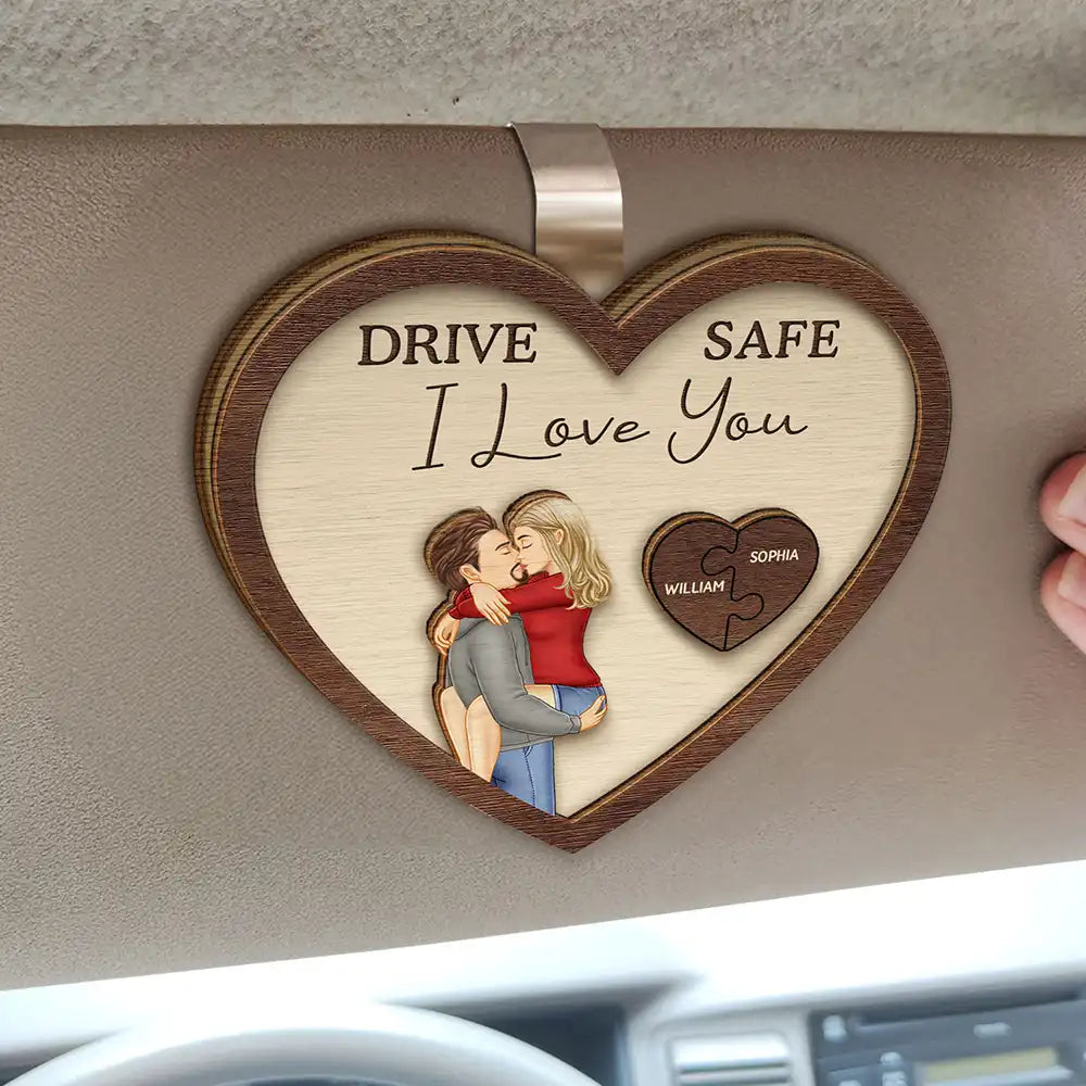 Drive Safe I Love You Kissing Couples Heart - Personalized Custom Shaped Car Visor Clip