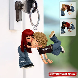 Romantic Cartoon Couple - Personalized Keychain