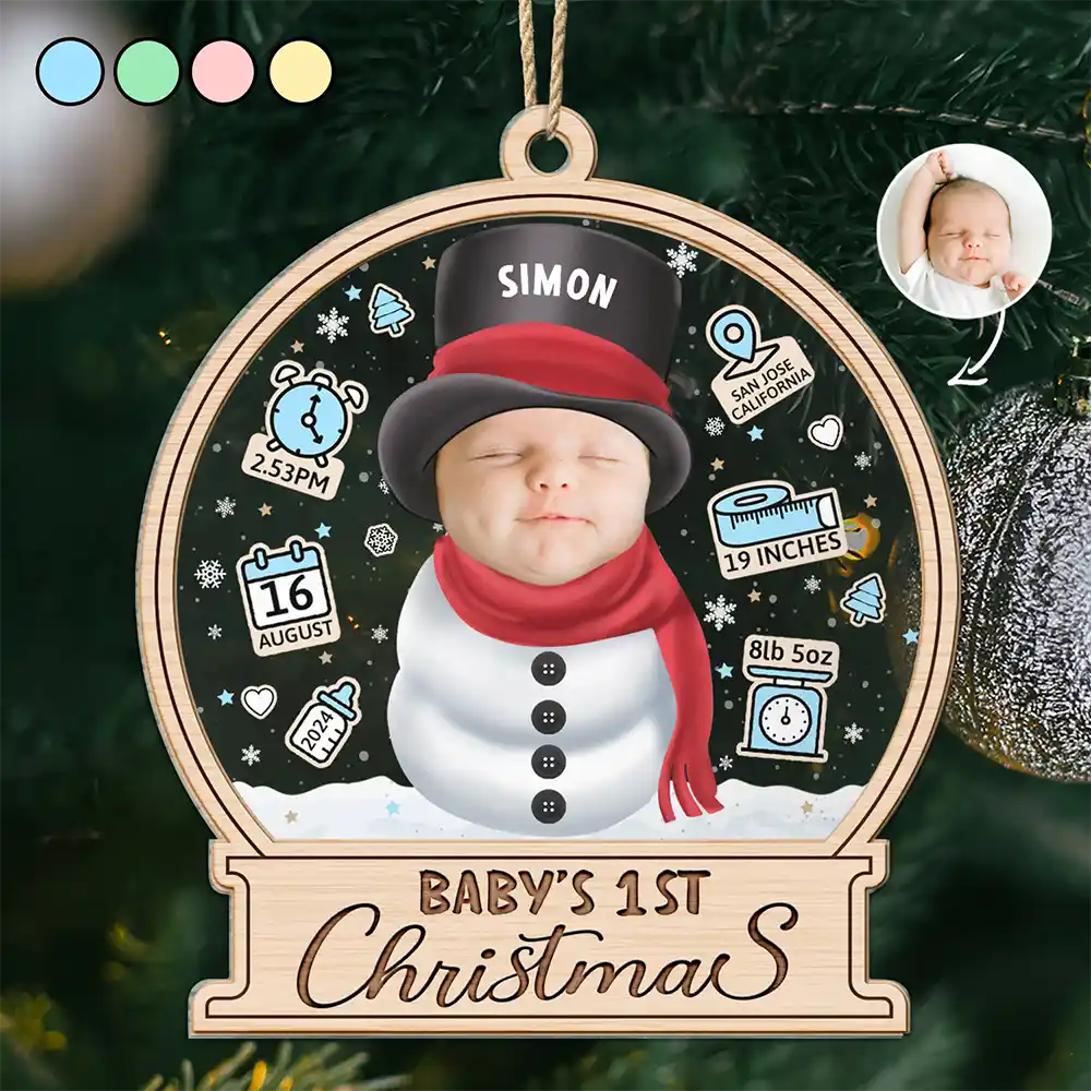 Custom Photo Little Snowman Baby Birth Stats - Personalized 2-Layered Acrylic Ornament