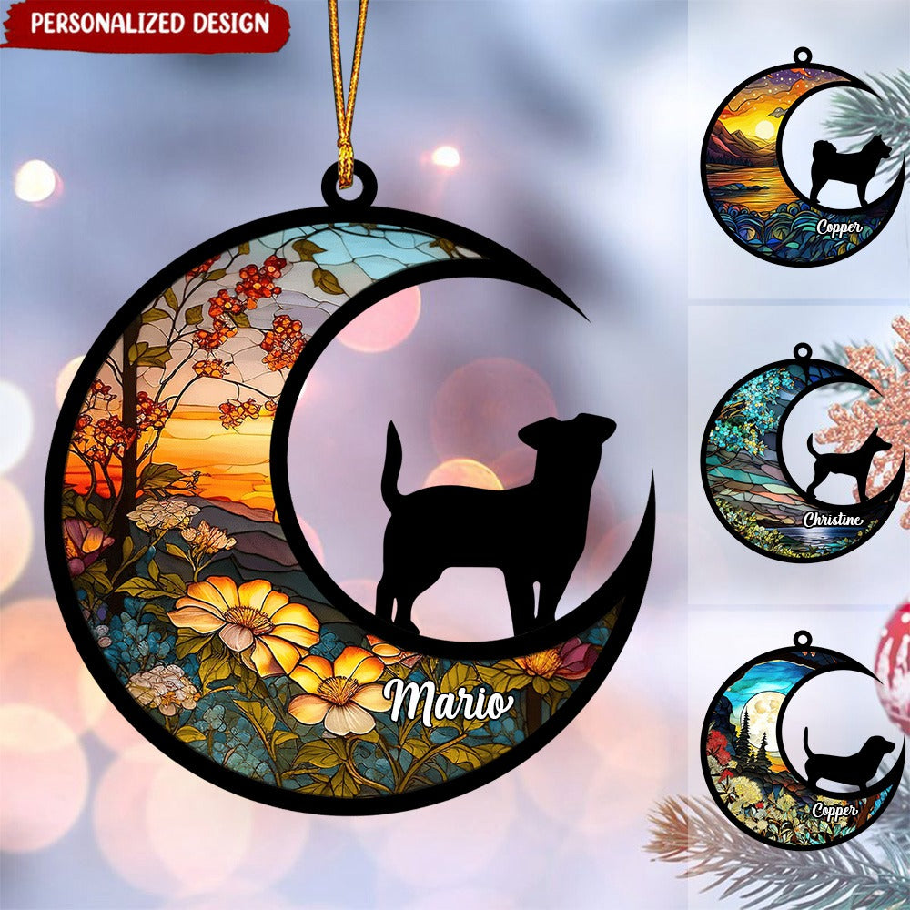 Customized Puppy Pet Dog Breeds On Moon Car Suncatcher Ornament