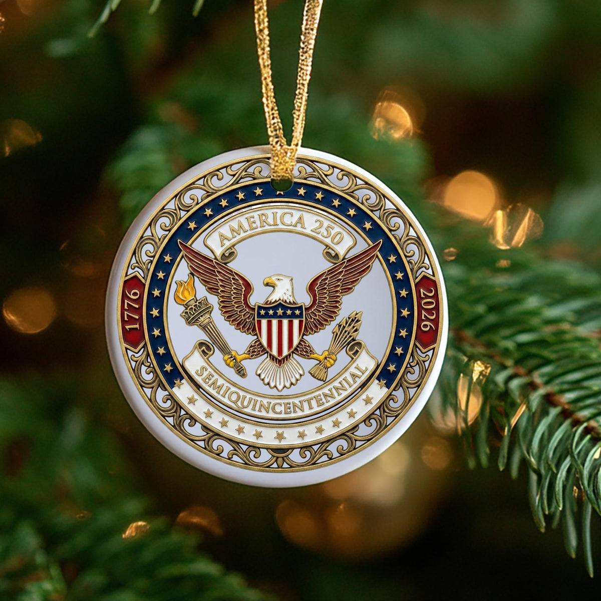 Personalized America 250 Ornament, Patriotic Eagle Gold Decor