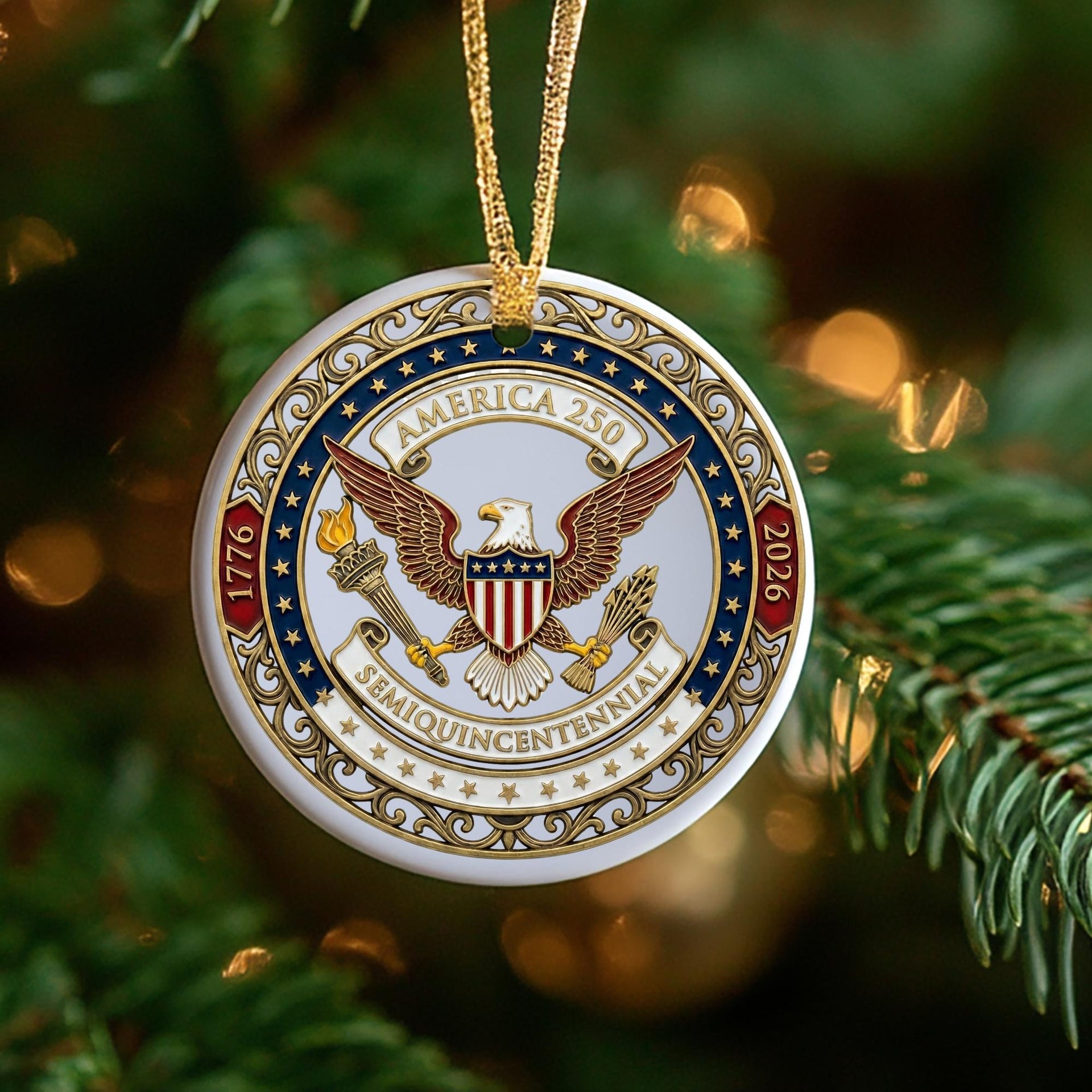 Personalized America 250 Ornament, Patriotic Eagle Gold Decor