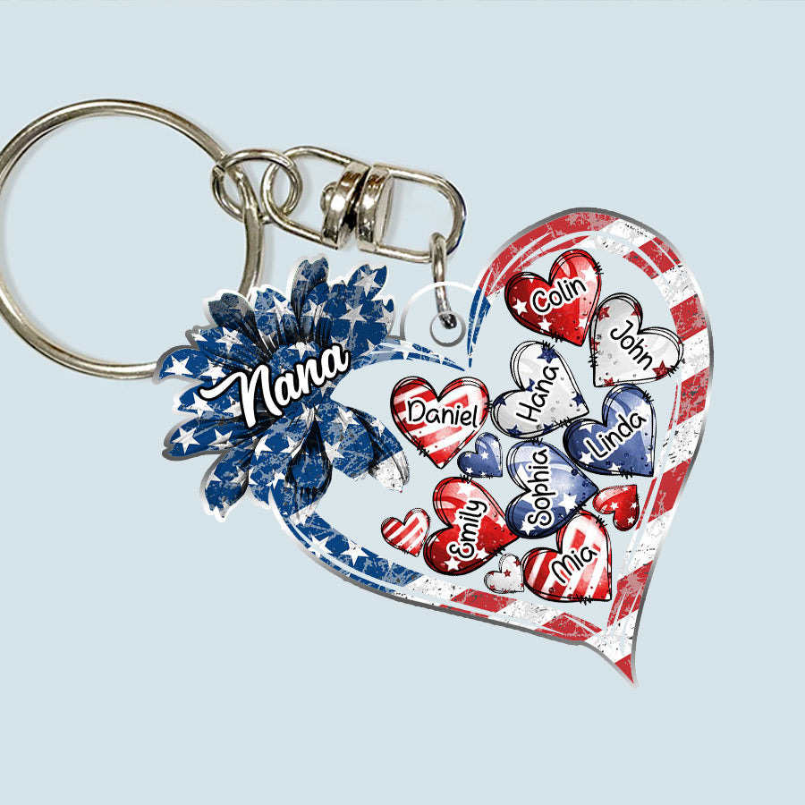 4th of July American Flag Sunflower Nana Auntie Mom Sweet Heart Kids Personalized Keychain