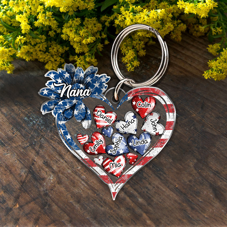 4th of July American Flag Sunflower Nana Auntie Mom Sweet Heart Kids Personalized Keychain