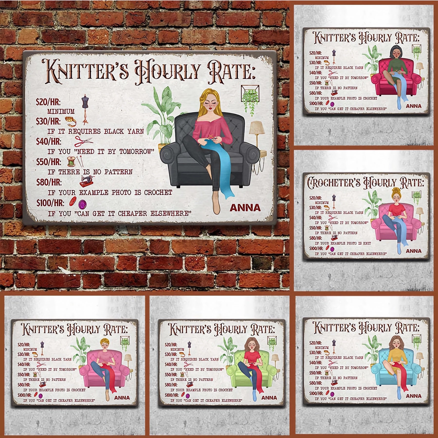 Personalized Crochet And Knitting Hourly Rate Metal Sign-Gift for Crochet & Knitting Lovers