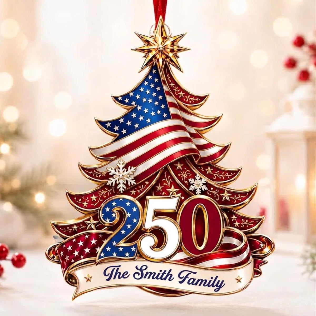 Personalized Family Name Christmas Ornament, Patriotic USA 250 Keepsake Gift