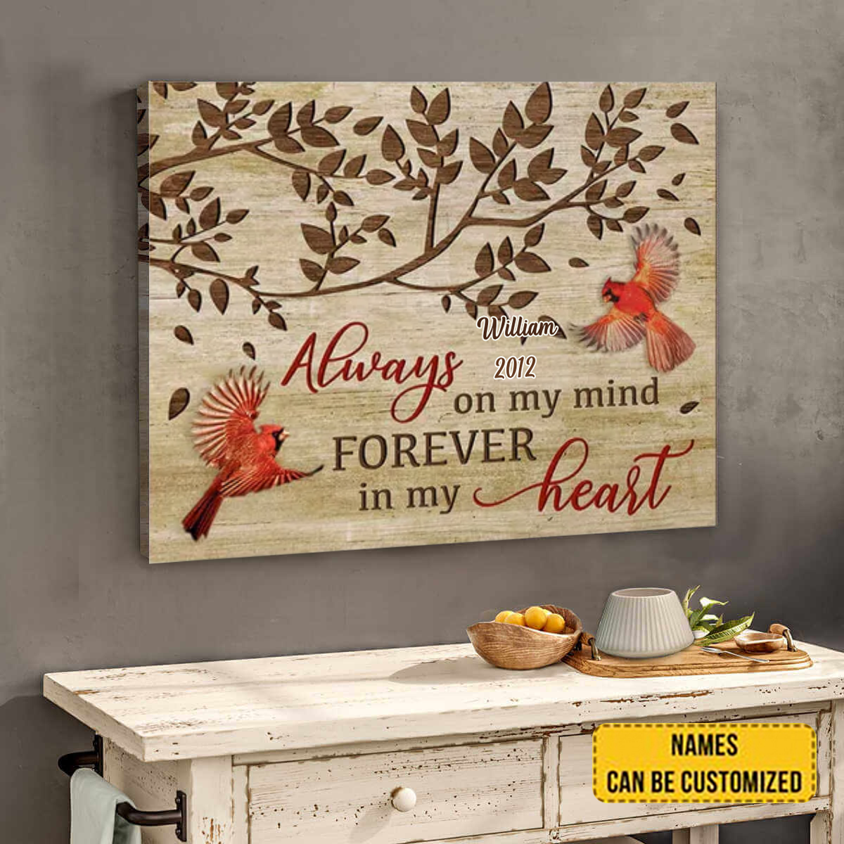 Cardinal Always On My Mind Canvas Wall Art Decor Memory Gifts