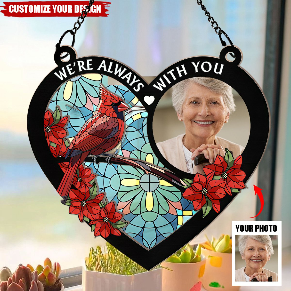 Custom Photo Memorial Heart - Personalized Window Hanging Suncatcher Ornament