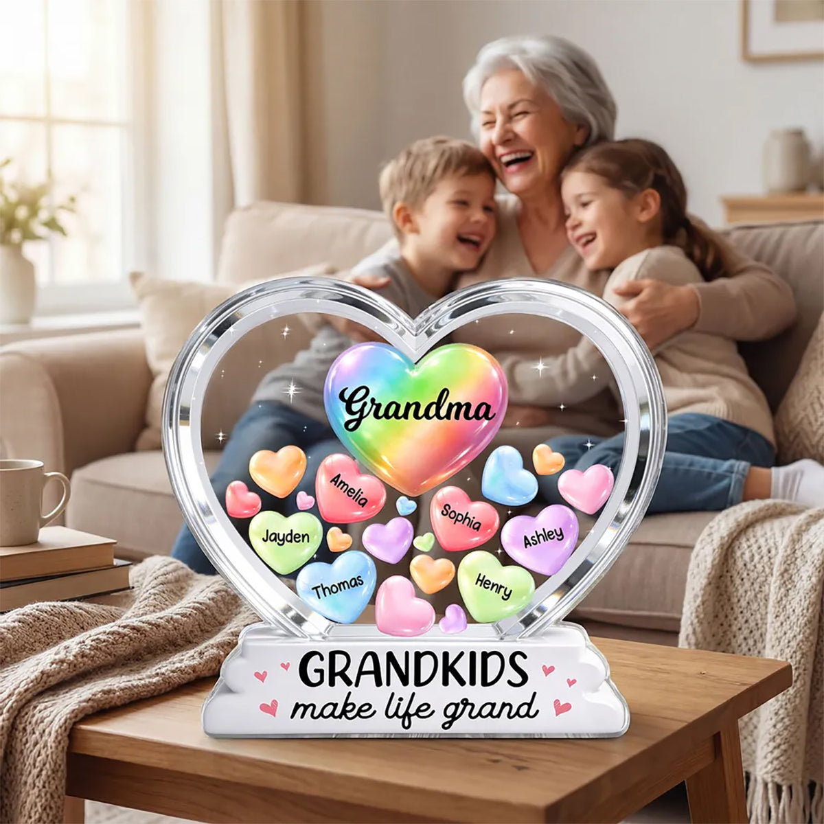 Grandma's Sweethearts In Heart-Personalized Acrylic Block Plaque - Heartfelt Mother's Day Gift For Grandma