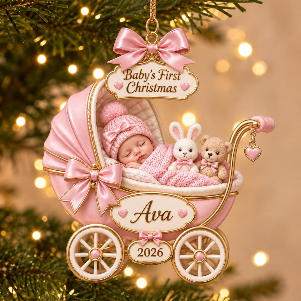 Baby Sleeping Inside An Carriage - Custom Baby’s First Christmas Ornament