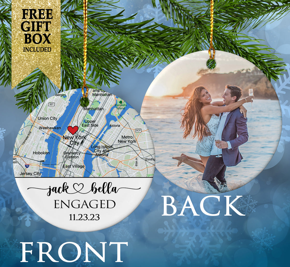 Engagement Gift For Couple - Custom Photo, Location & Map Ceramic Ornament