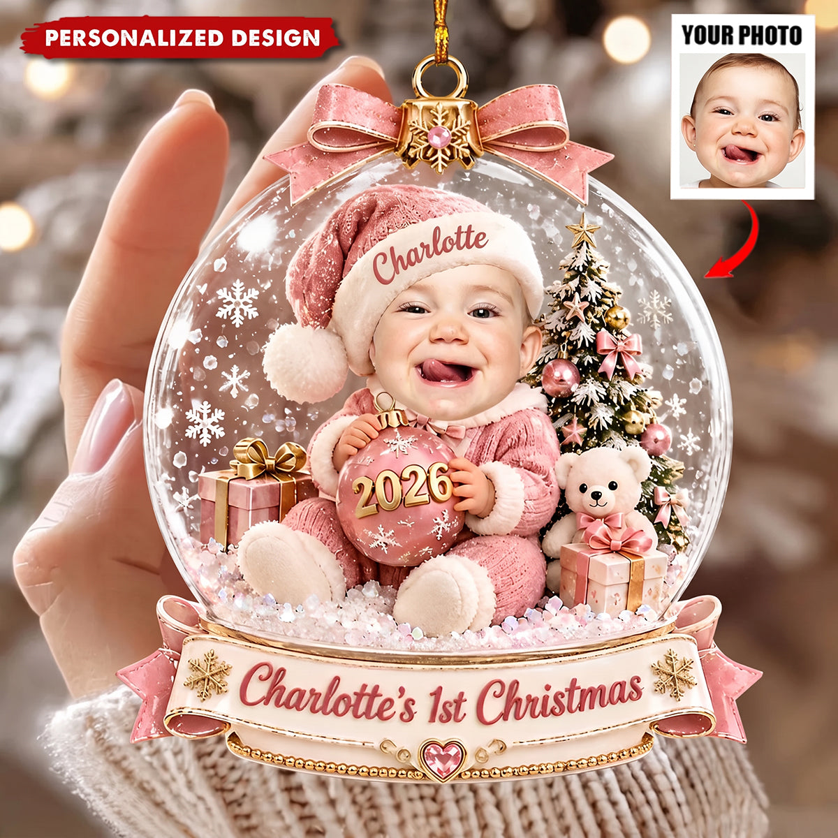 Personalized Baby's First Christmas Ornament, Custom Photo Snow Globe Keepsake