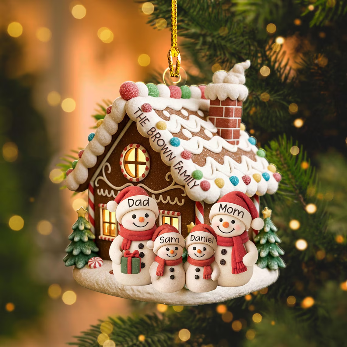 Personalized Gingerbread House Snowman Family Christmas Ornament