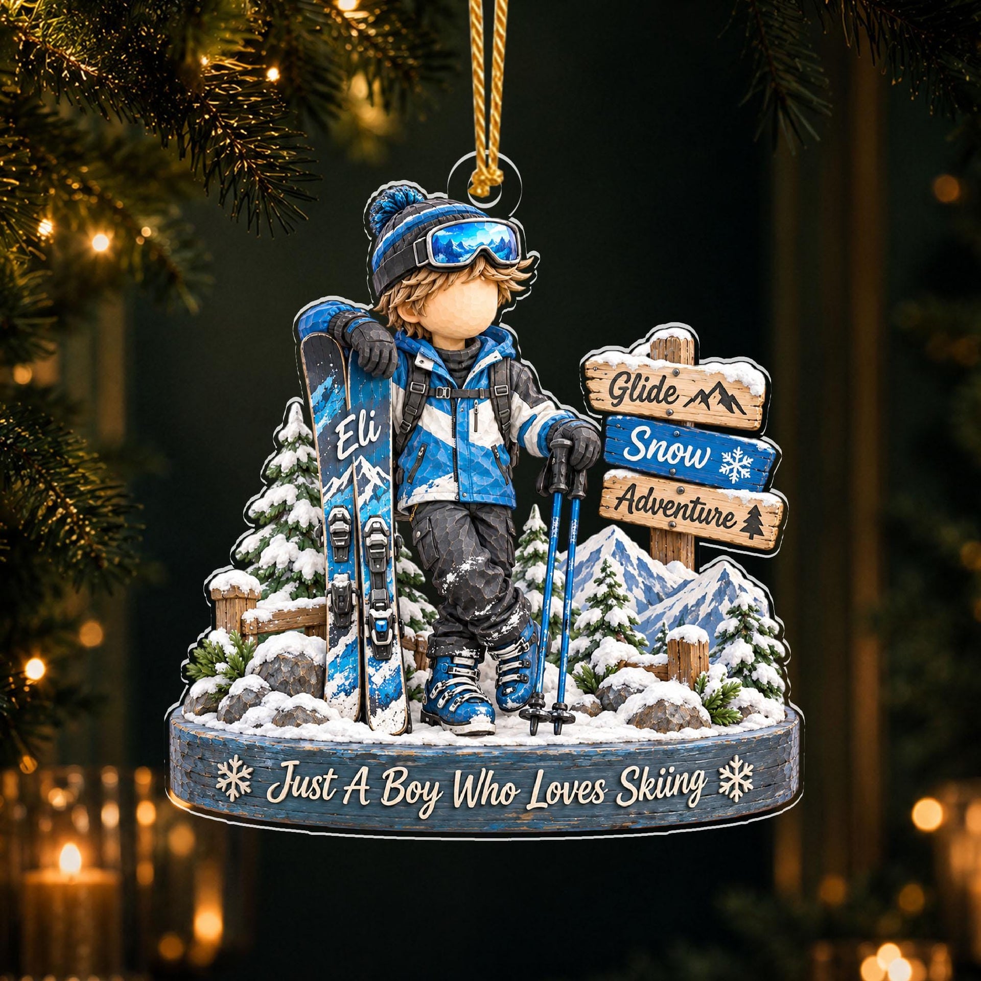 Personalized Ski Boy Ornament, Winter Sports Keepsake For Him