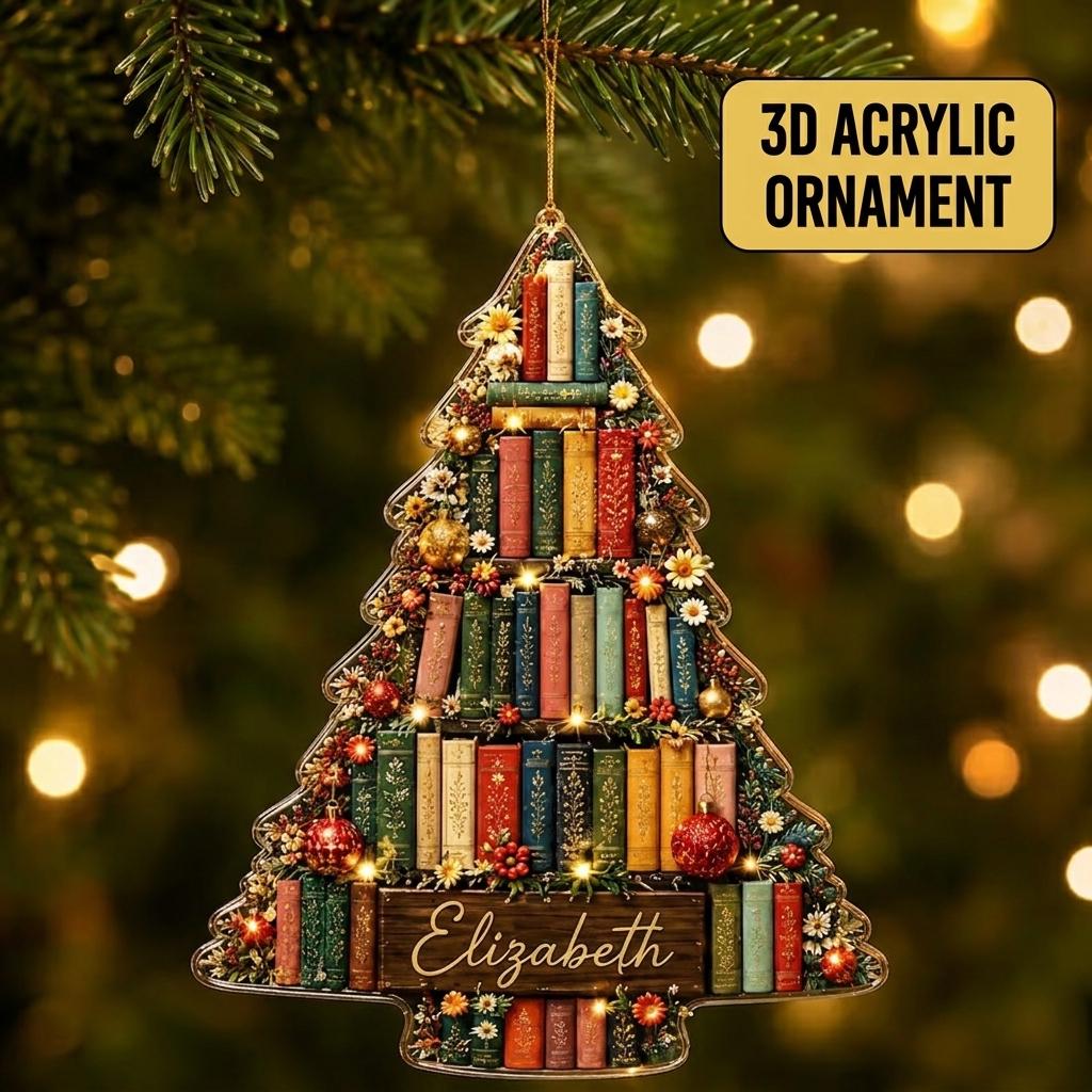 Personalized Book Tree Name Christmas Ornament, Gift For Bookish Bookworm