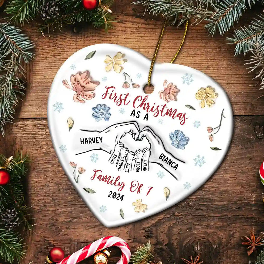 First Christmas As A Family As - 3D Inflated Effect Printed Ornament, Personalized Heart Ceramic Ornament