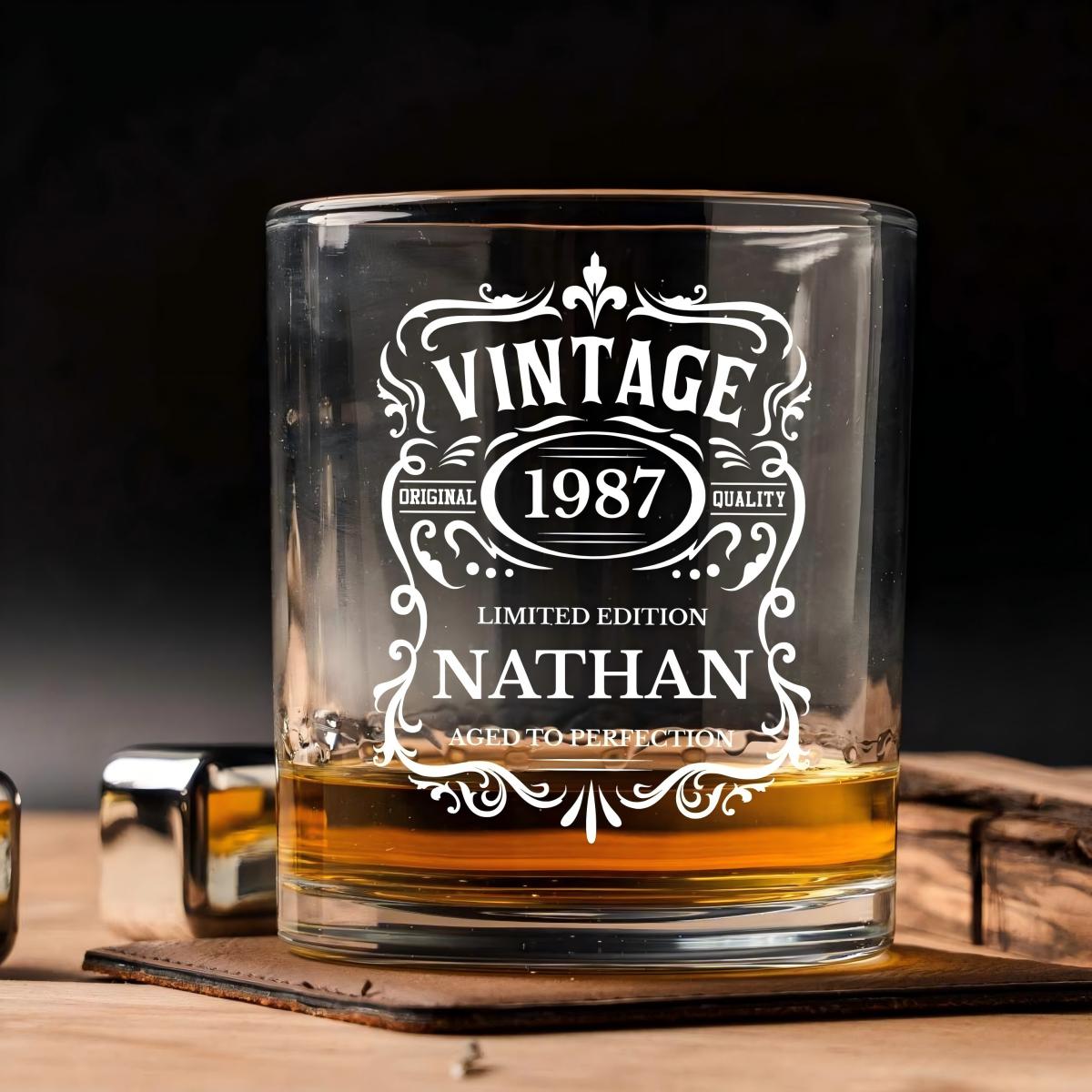 Vintage Aged To Perfection Whiskey Glass, Personalized Rocks Glass