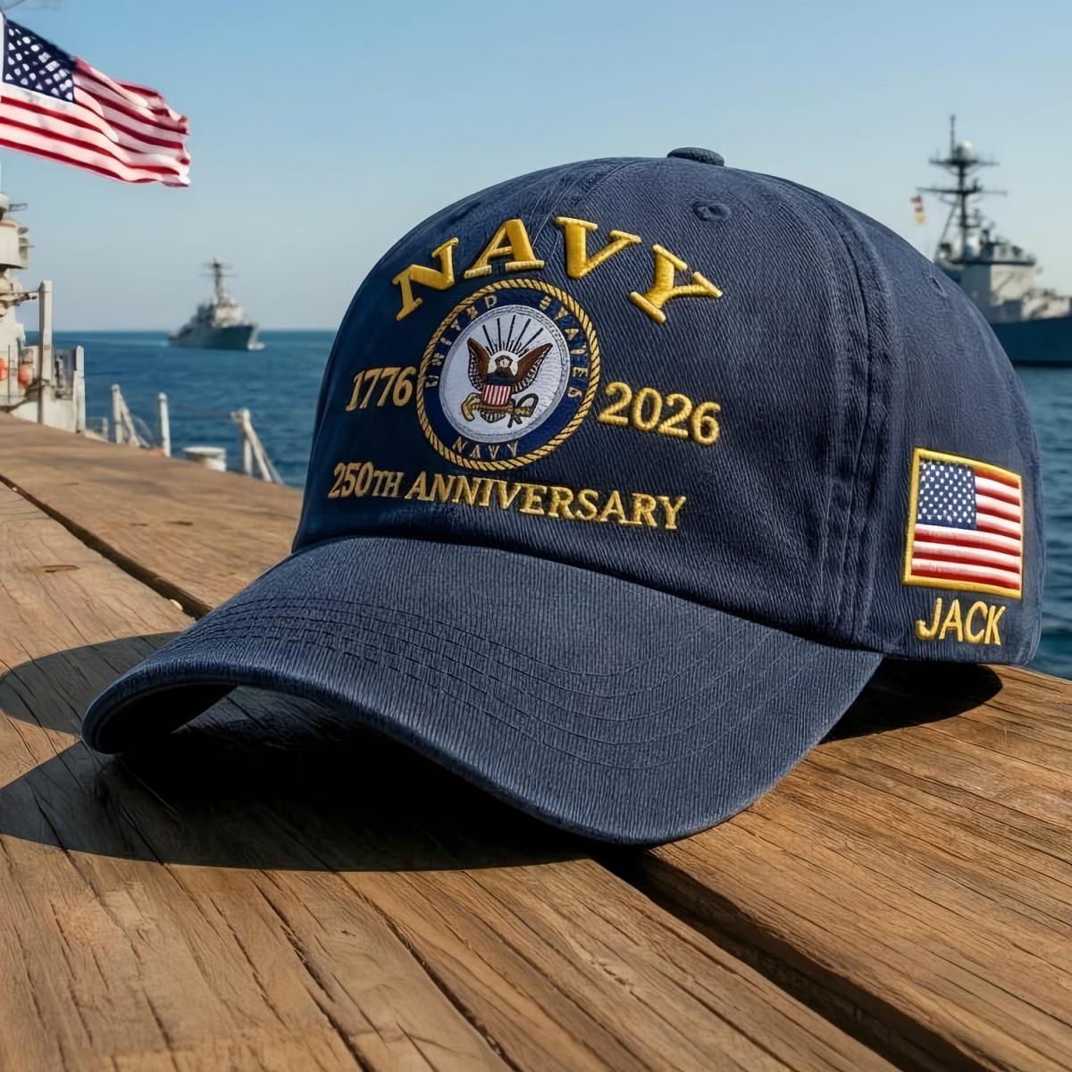 Custom Name US Navy 250th Anniversary Hat, America 250 Patriotic Veteran Gift