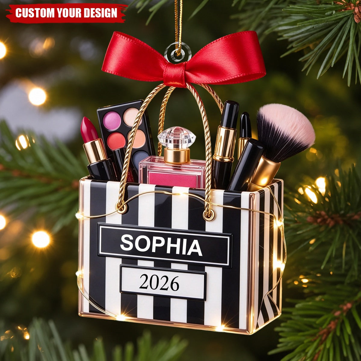 Personalized Makeup Lovers Ornament, Beauty Brush Tree Decor With Name