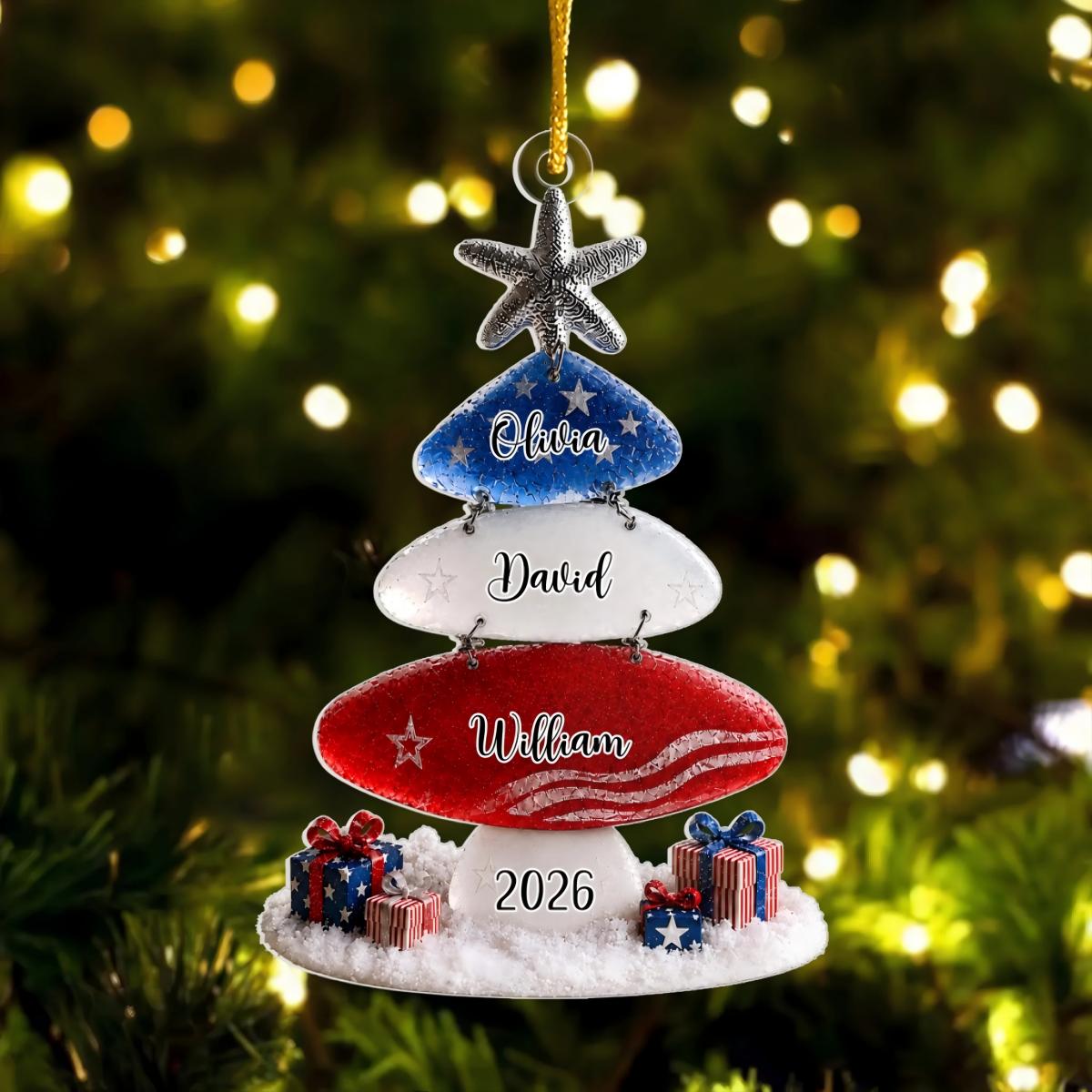 Patriotic Family Christmas Tree - Personalized Acrylic Ornament