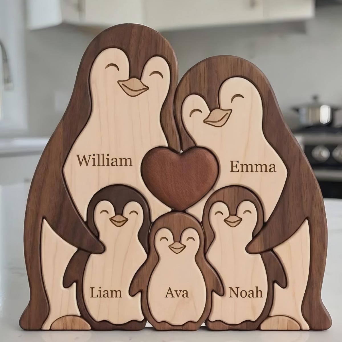 Personalized Wooden Penguin Family Puzzle, Custom Name Animal Keepsake Home Decor