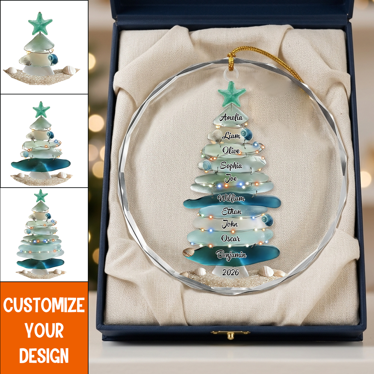 Personalized Family Sea Glass Christmas Tree Glass Ornament