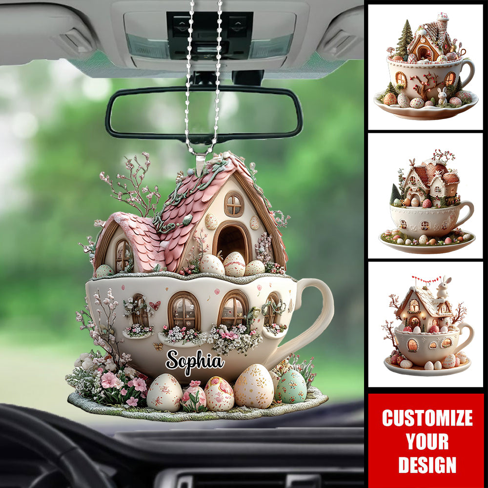 Personalized Easter Bunny Coffee Cup House Acrylic Ornament