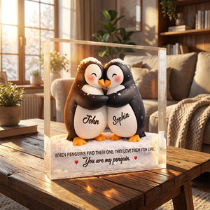 Personalized Penguin Couple Acrylic Blocks, Anniversary Gift