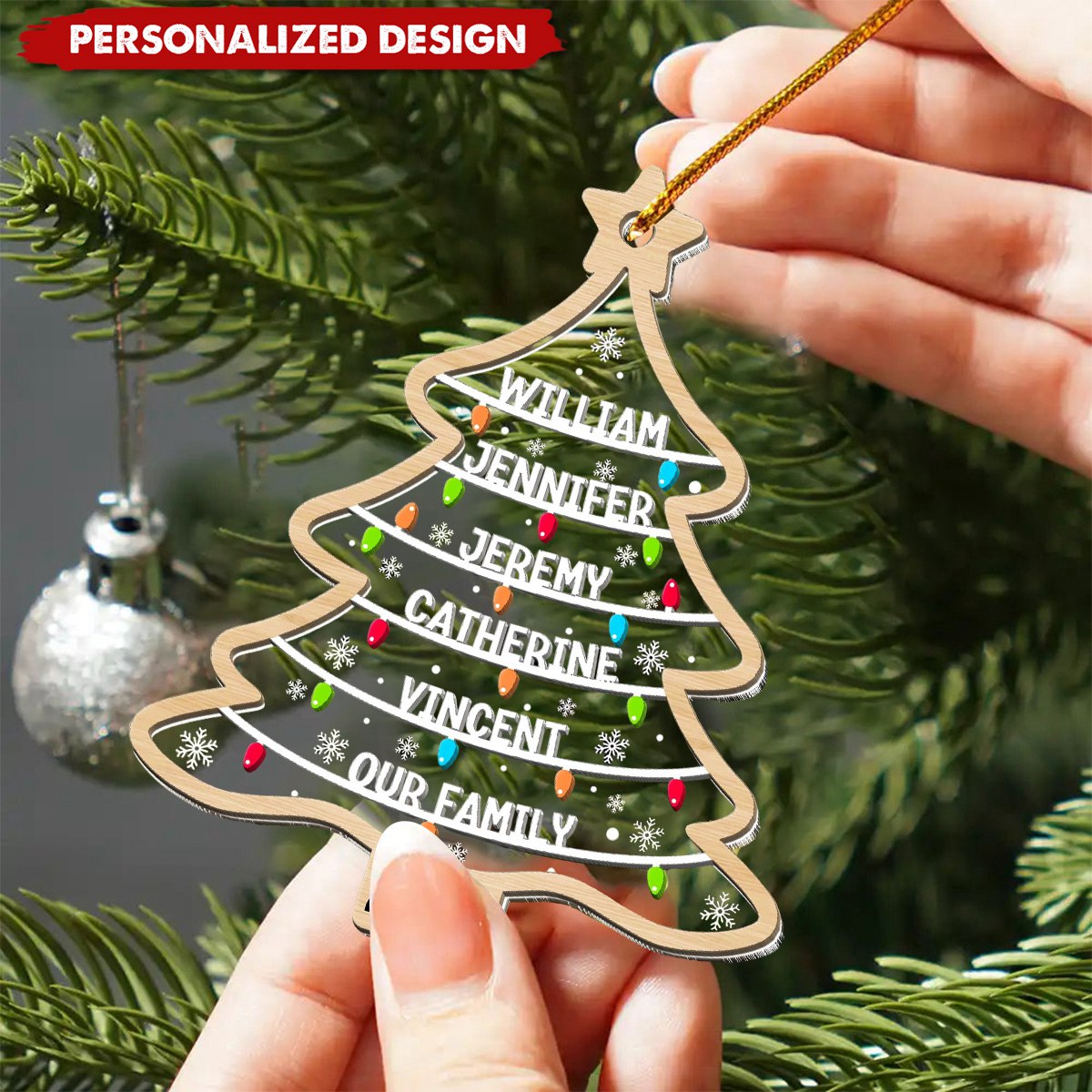 Personalized Custom Family Names Christmas Tree - Wood And Acrylic Ornament