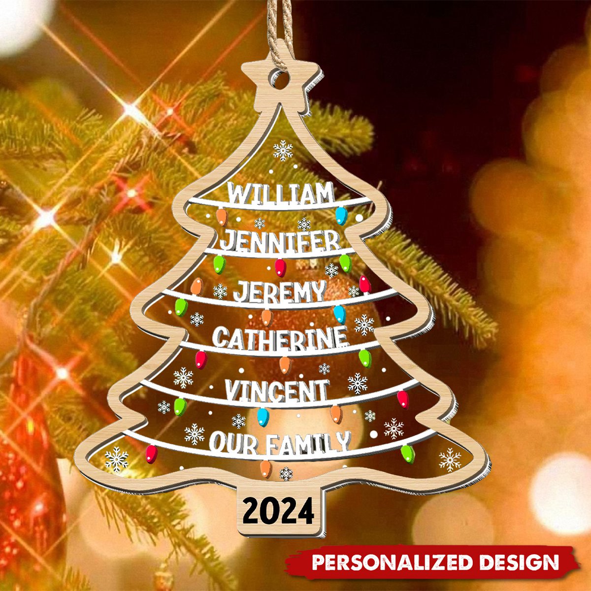 Personalized Custom Family Names Christmas Tree - Wood And Acrylic Ornament