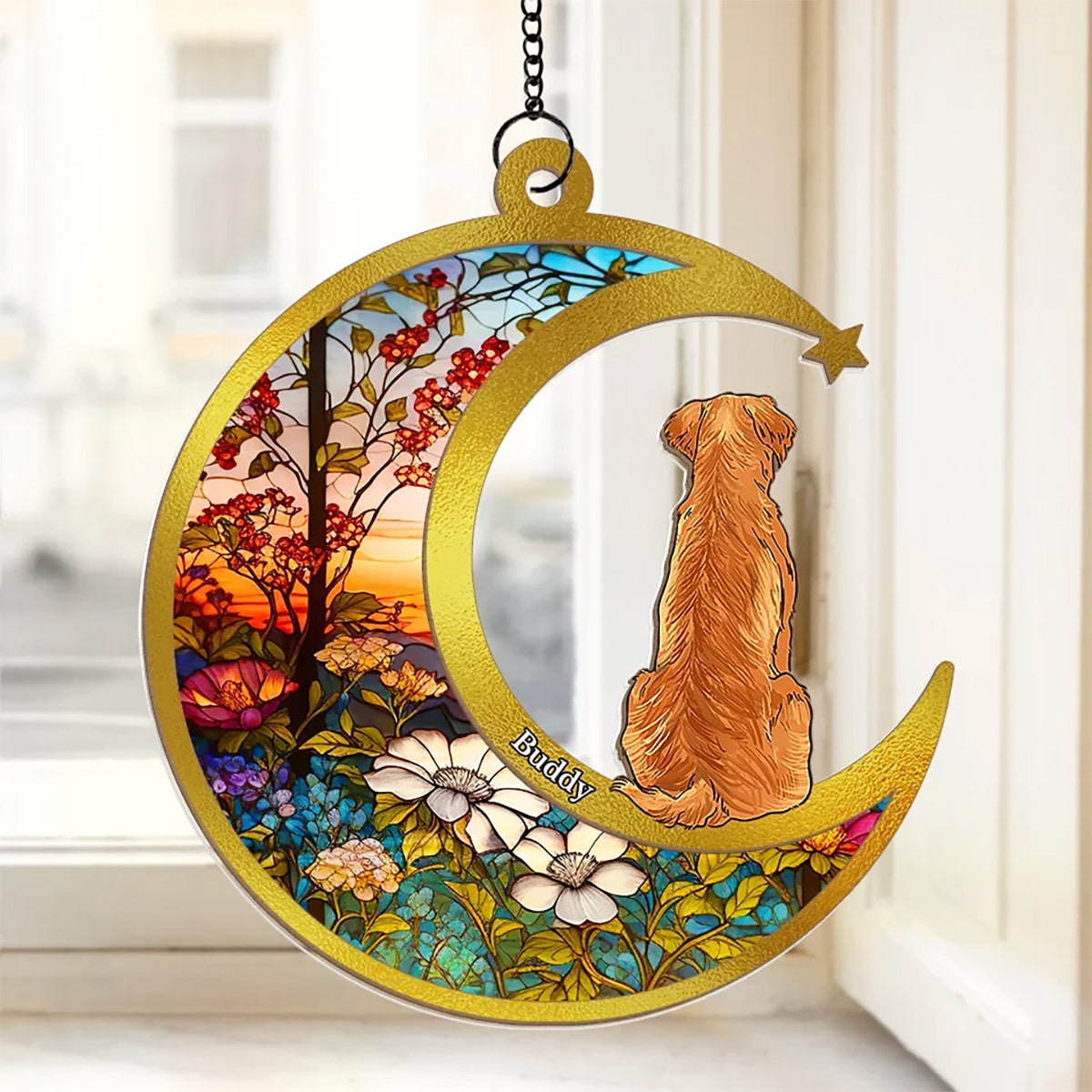 Dog, Cat Sitting On The Moon Personalized Window Hanging Suncatcher