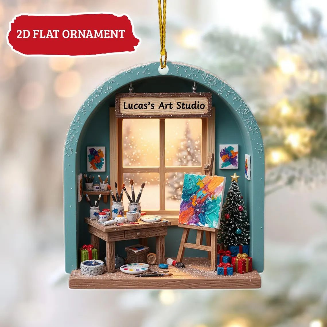 Personalized Art Studio Wooden Xmas Ornament - Gift for Artists