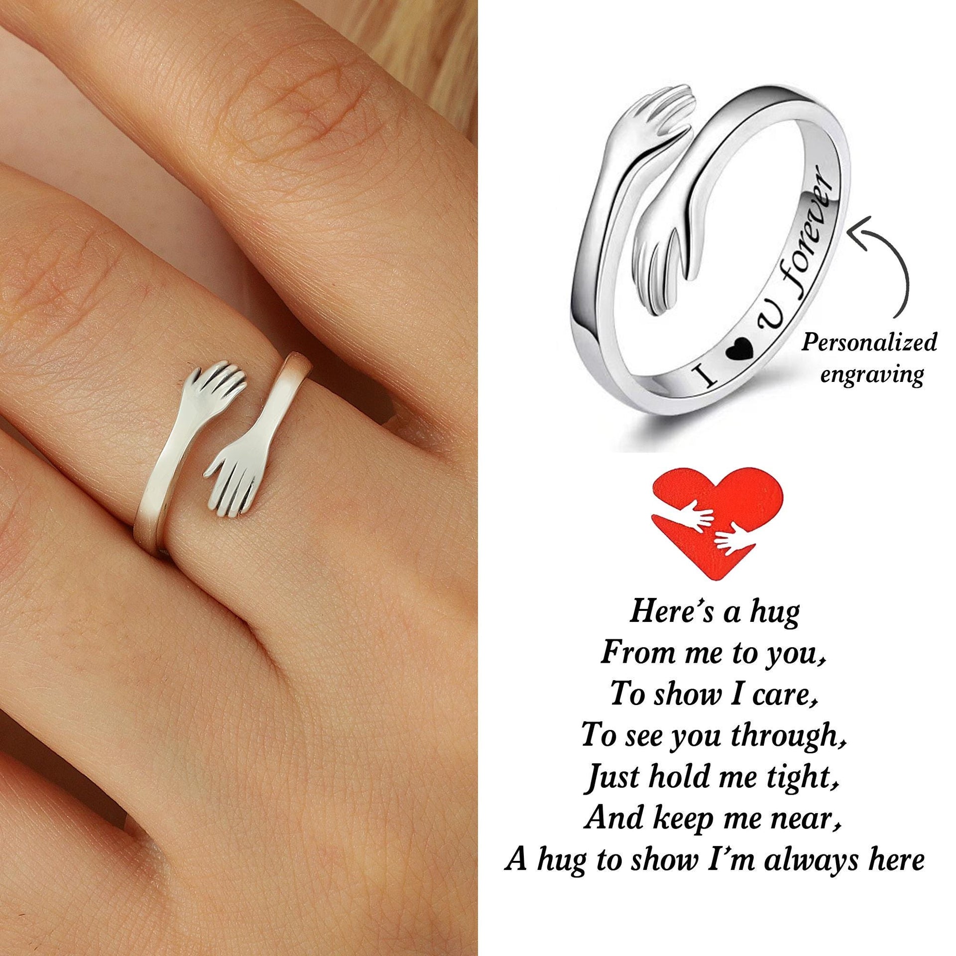Personalized Love Hug Hand Ring, Adjustable Stackable Ring, Family Friend Couple Ring