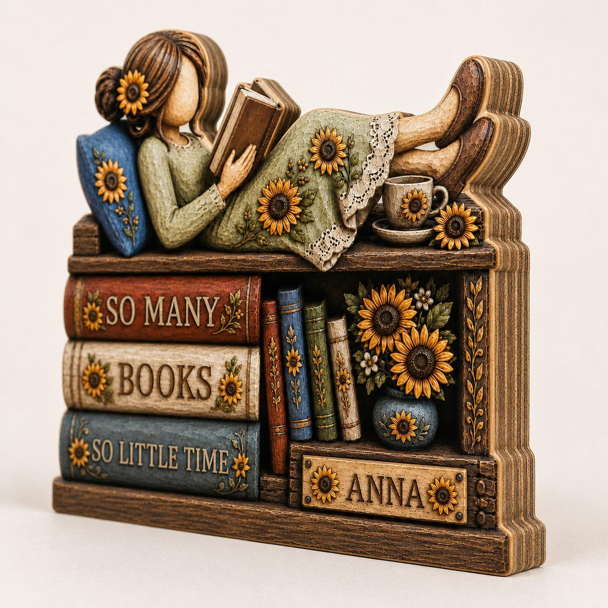 Personalized Sunflower Reading Girl Wooden Plaque, Custom Name Bookshelf Decor
