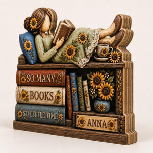 Personalized Sunflower Reading Girl Wooden Plaque, Custom Name Bookshelf Decor