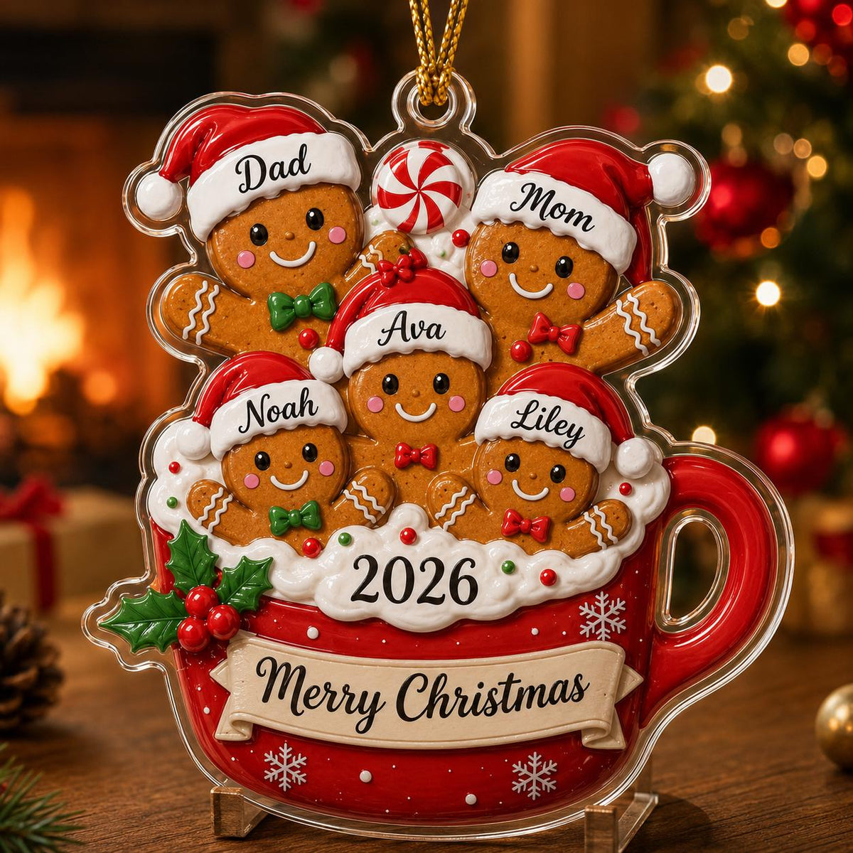 Personalized Gingerbread Family Acrylic Ornament 2026 - Holiday Keepsake Gift