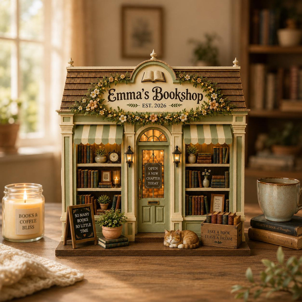 Personalized Bookshop Wooden Block, Cozy Bookstore Shelf Decoration, Book Lover Gift