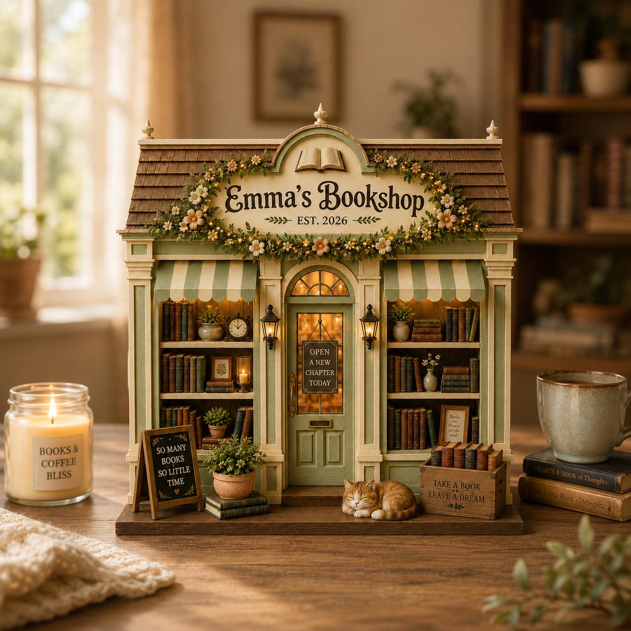 Personalized Bookshop Wooden Block, Cozy Bookstore Shelf Decoration, Book Lover Gift