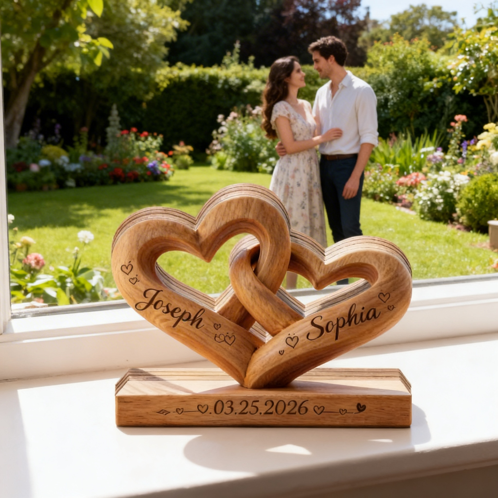 Personalized Interlocking Hearts Wooden Plaque, Gift for Couple