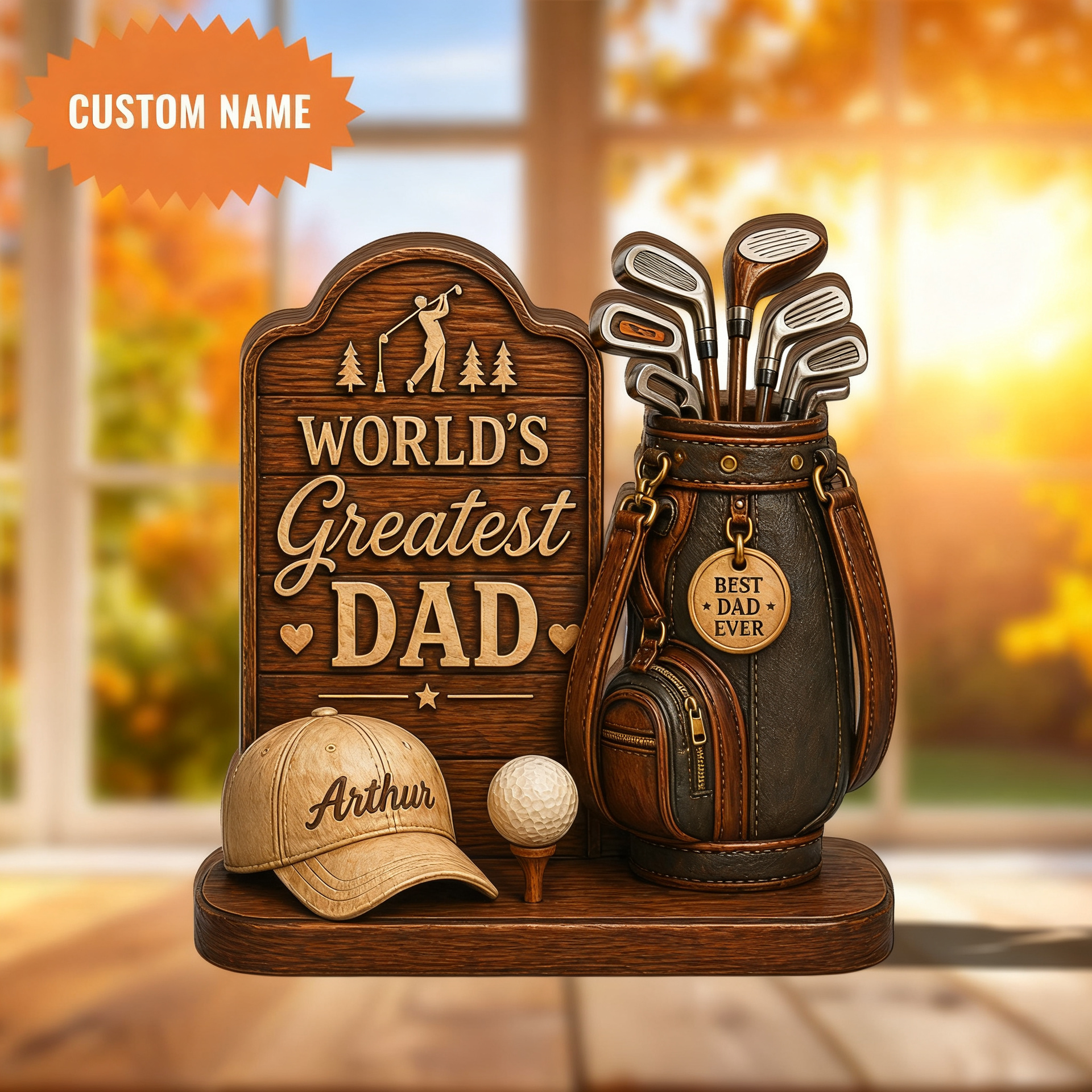 Personalized Golf Dad Wooden Block, Custom Name Sign, Golfer Gift
