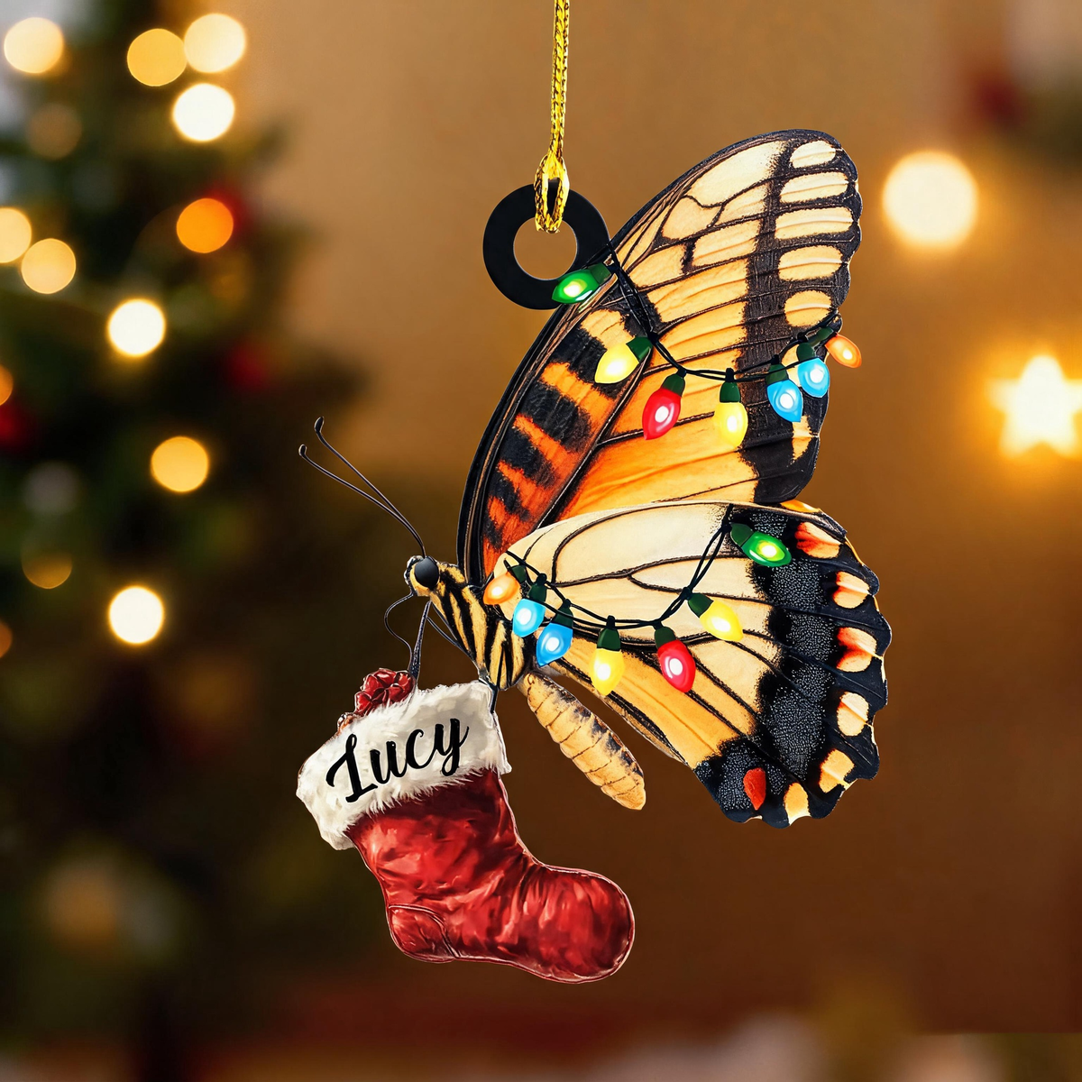 Custom Name Butterfly With Christmas Stocking Xmas Ornament